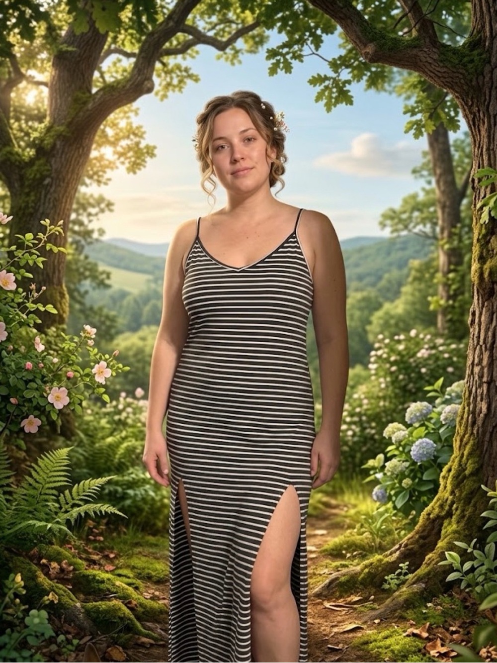Striped Black & White Sleeveless Maxi Slip Dress with Side Slits